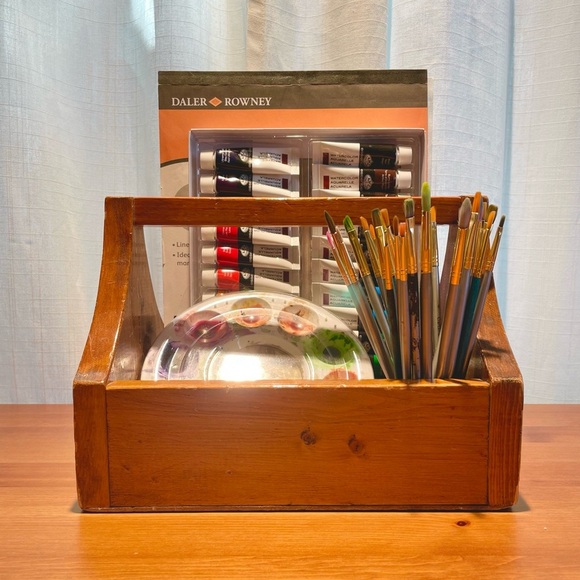 VTG Wood Craft Caddy Tool Box with Handle Decorative Plant Display Hobby Holder - Picture 4 of 16